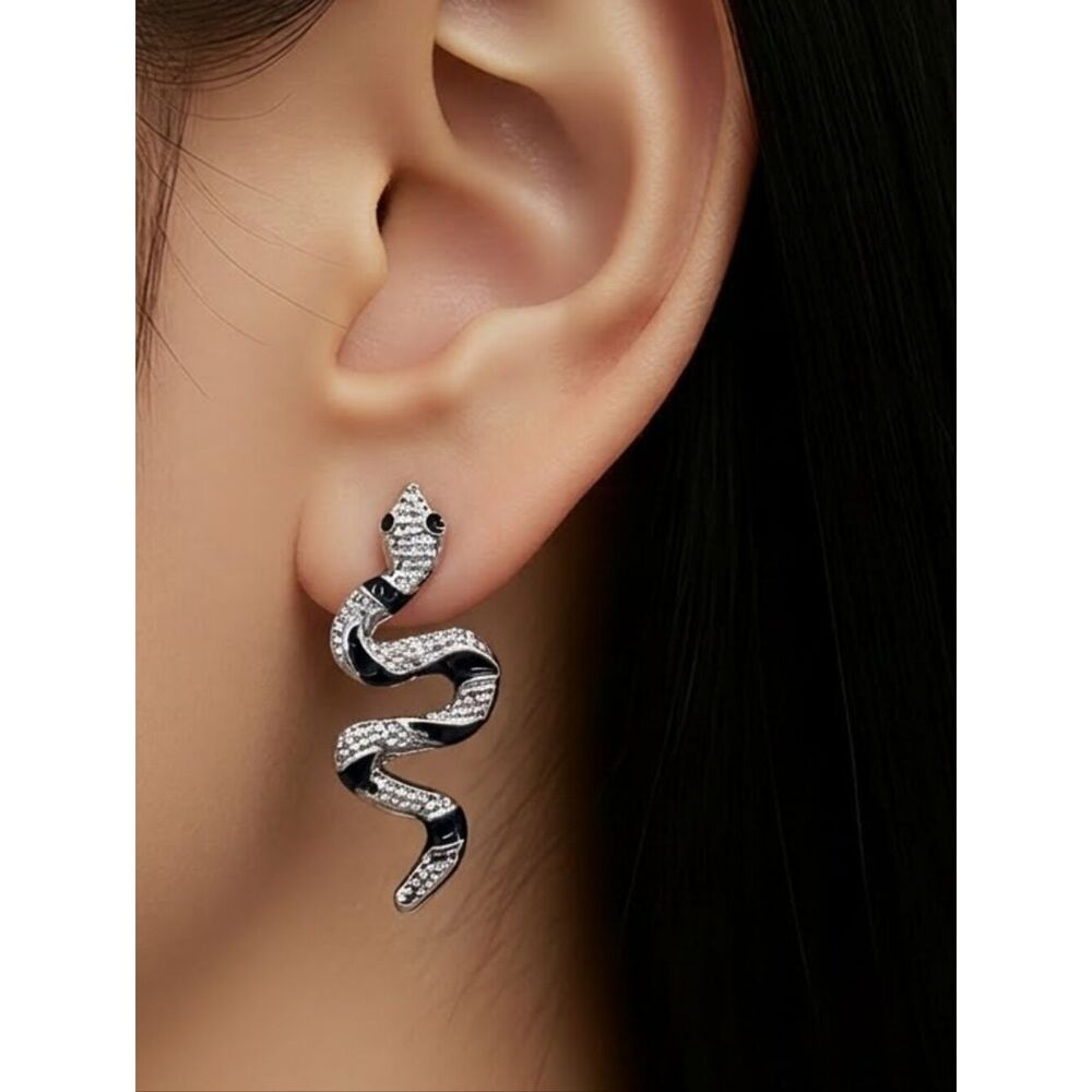 Snake Stud Earrings Silver CZ Gothic Dark Feminine Serpent Jewelry Rocker Chic